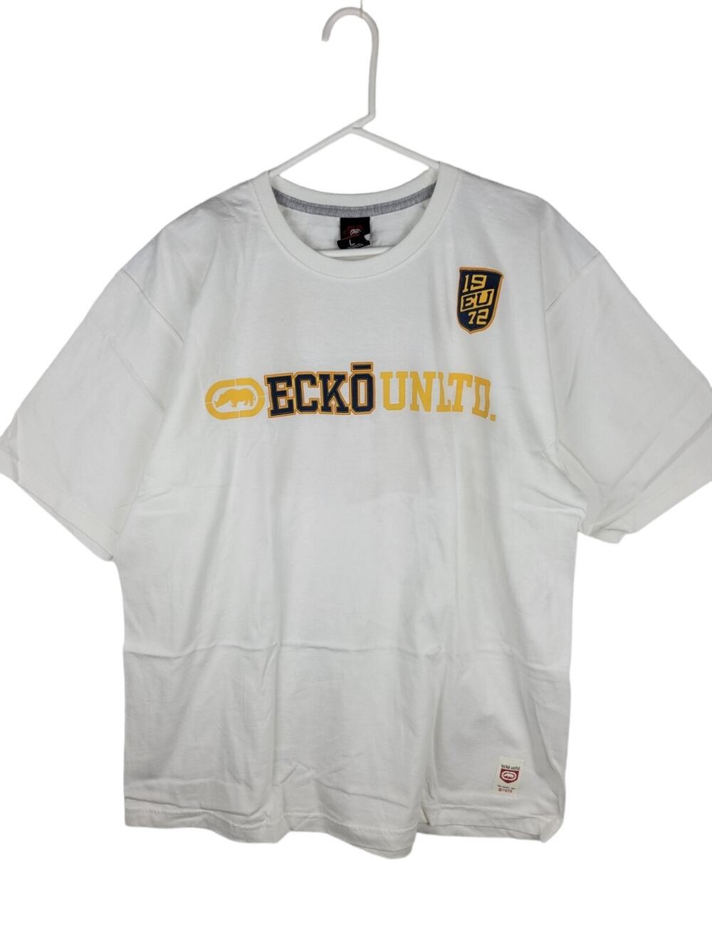 ECKO UNLTD L White Tee W/yellow Design #72 on back short sleeve large